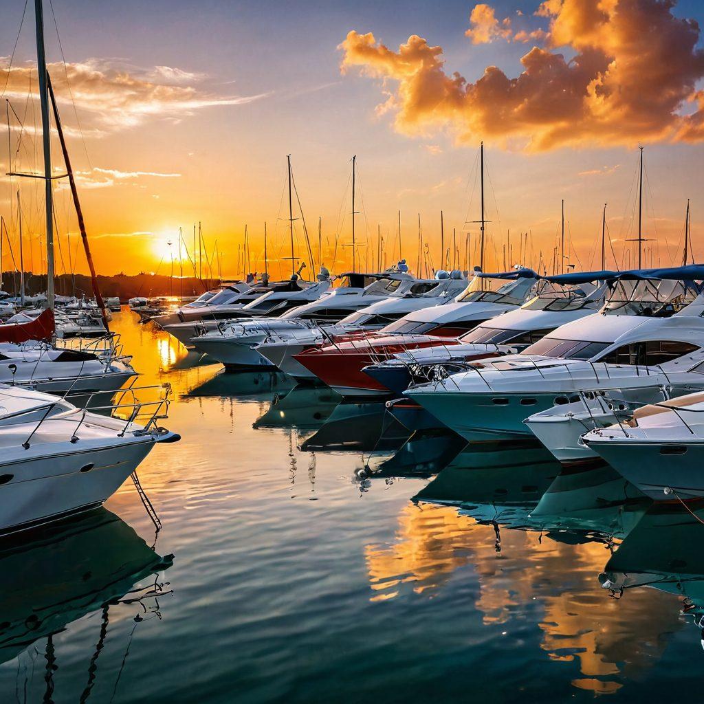 A serene marina with luxurious yachts anchored, showcasing various protective covers in vibrant colors. Include a knowledgeable marine insurance advisor pointing at policy documents, with the sun setting in the background, reflecting on the water. Add nautical elements like anchors and ropes, enhancing the theme of yacht safety. super-realistic. vibrant colors. tranquil atmosphere.