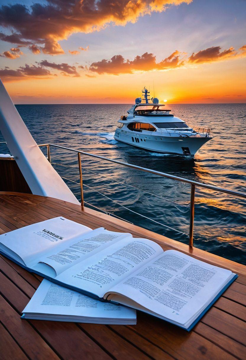 A serene ocean scene featuring a luxury yacht riding gentle waves under a vibrant sunset sky, with symbols of marine insurance like shields and anchors subtly integrated into the water. In the foreground, a guidebook titled 'Yacht Protection' is resting on the deck, its pages open. The overall mood is tranquil yet informative, suggesting safety and adventure on the sea. super-realistic. vibrant colors. daytime.