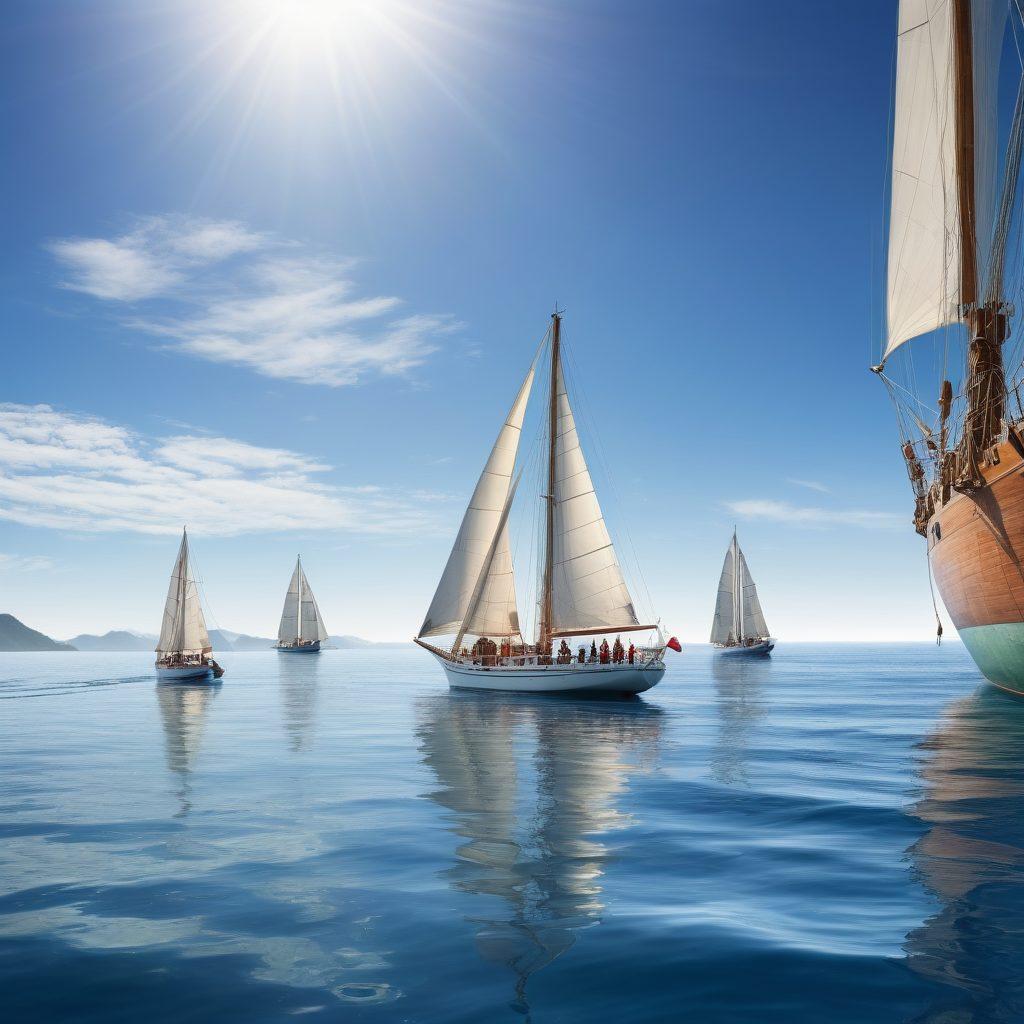 A serene nautical scene depicting a diverse group of seafarers aboard various vessels, including sailboats and yachts, navigating through calm blue waters. The background features distant islands and a clear sky, with a visibly reassuring insurance policy document floating gently on the water's surface, symbolizing marine liability and protection. Include elements of adventure, teamwork, and safety gear. vibrant colors. super-realistic.
